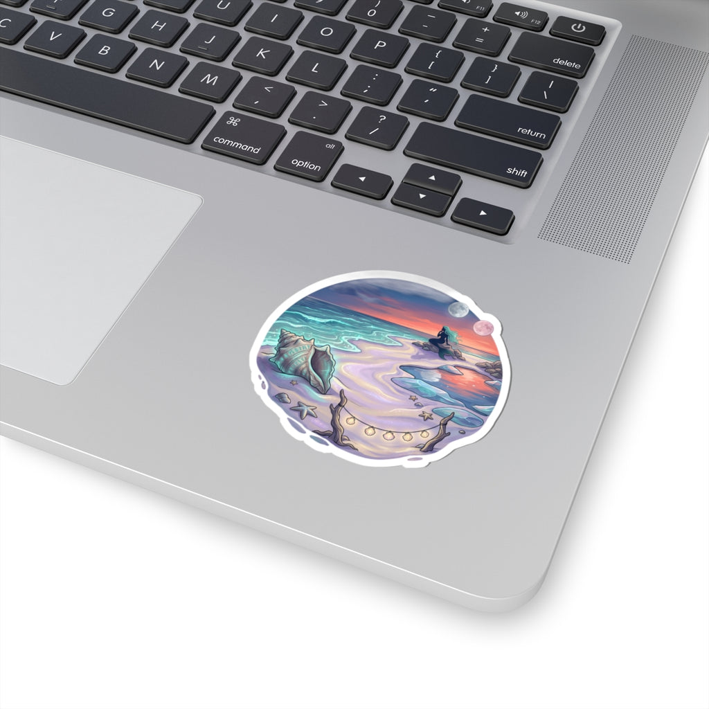 Seaside Mermaid Cove Sticker — Sunset Beach Kiss-Cut Vinyl