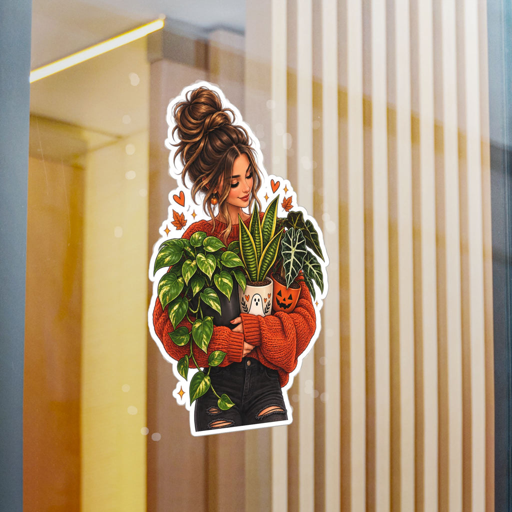 Plant Mom Kiss-Cut Vinyl Sticker — Cozy Girl Holding Houseplants (Fall/Autumn)