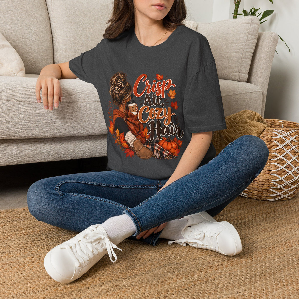 Cozy Fall Tee - "Crisp Air, Cozy Hair" Autumn Graphic T-Shirt