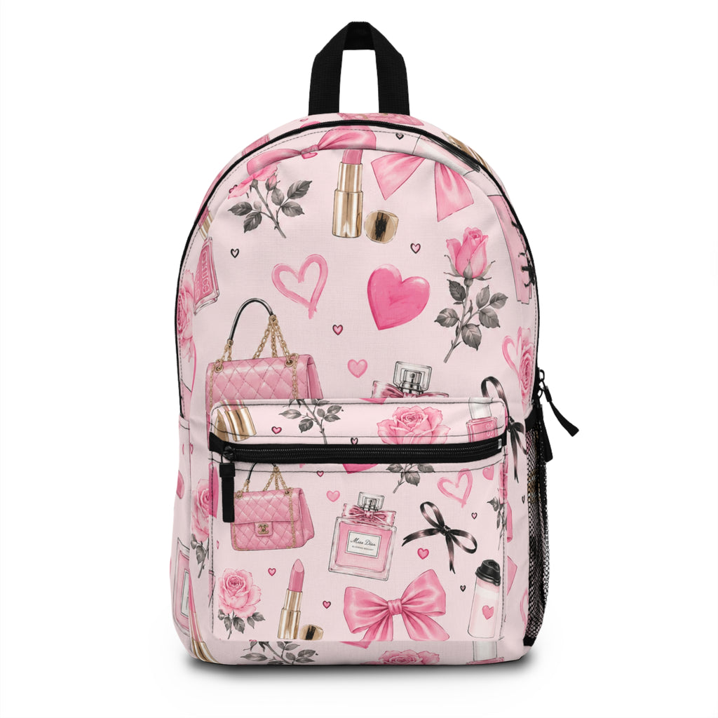 Pink Cosmetics Pattern Backpack — Cute Makeup & Hearts School Bag