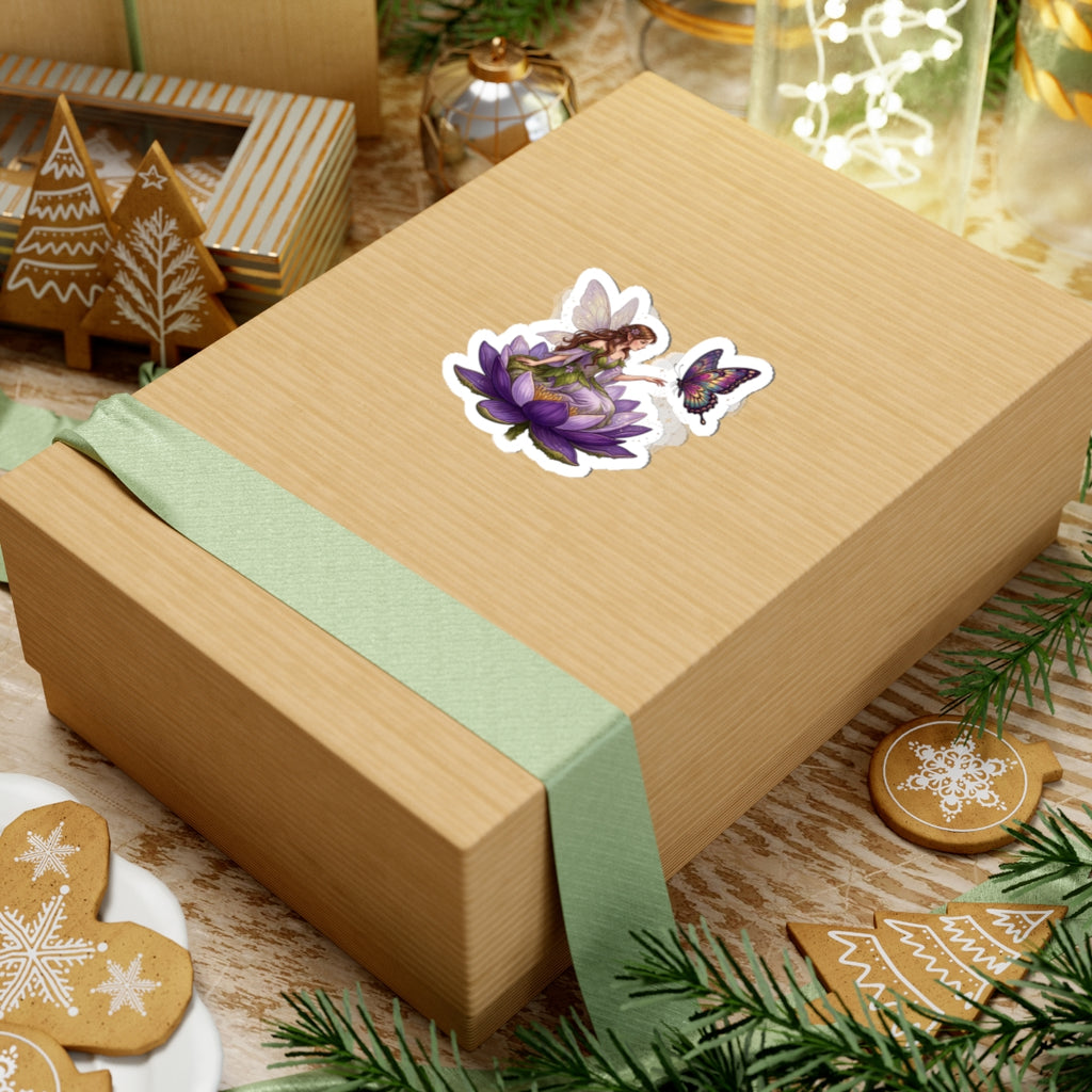 Fairy on Lotus Kiss-Cut Sticker — Purple Butterfly Floral Vinyl Decal