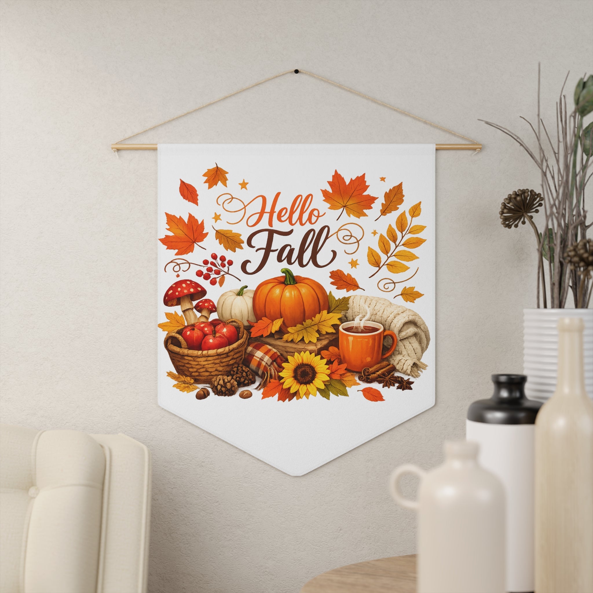 Hello Fall Pennant Banner – Autumn Pumpkin, Sunflower & Cozy Harvest Wall Flag