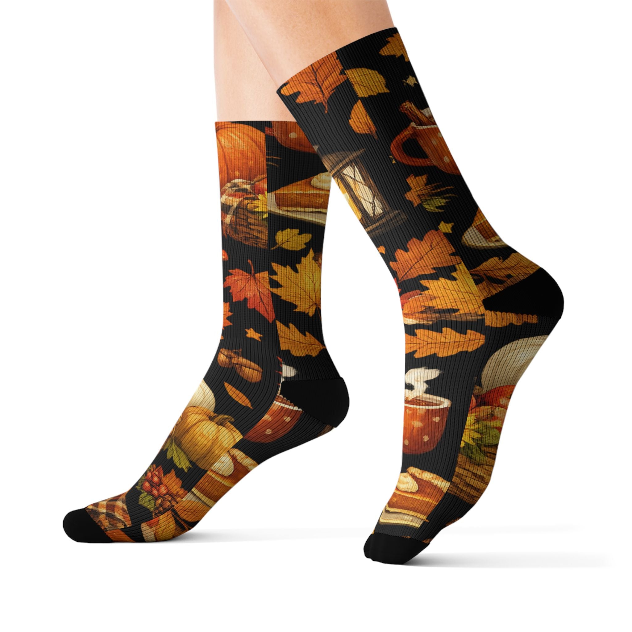 Autumn Harvest Sublimation Socks — Pumpkin Pie, Lanterns & Fall Leaves Pattern