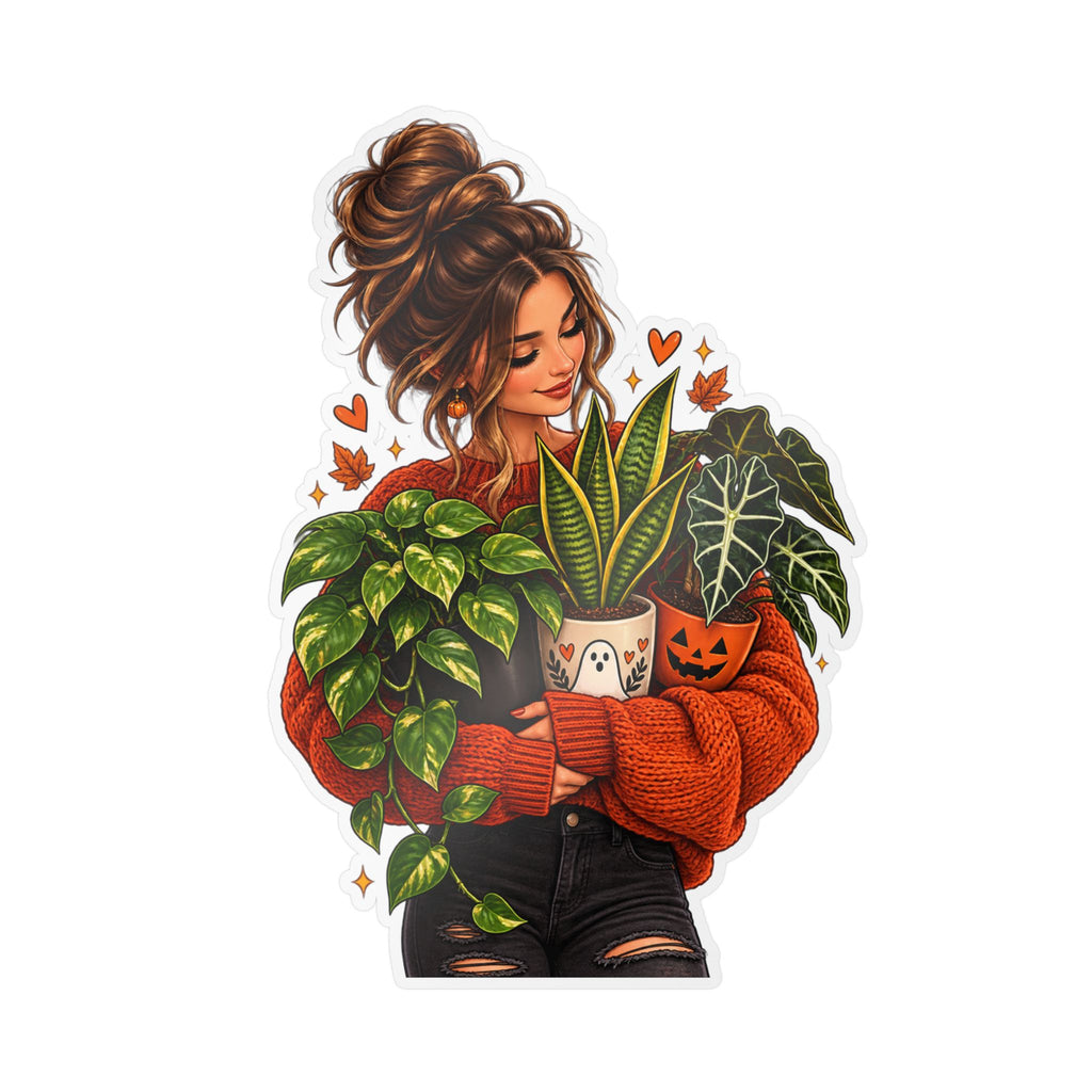 Plant Mom Kiss-Cut Vinyl Sticker — Cozy Girl Holding Houseplants (Fall/Autumn)