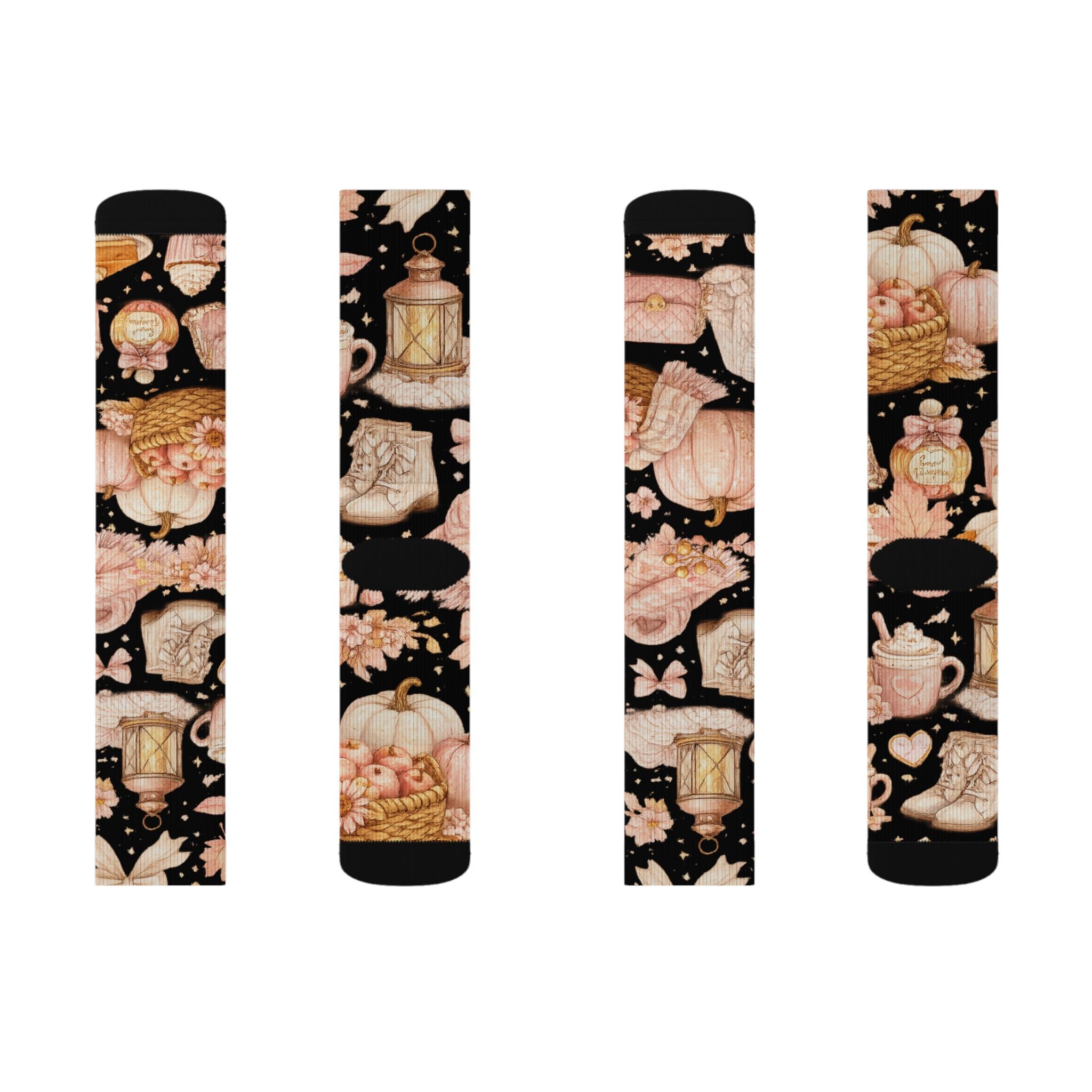 Floral Lantern Sublimation Socks — Black Rose Garden Crew Socks