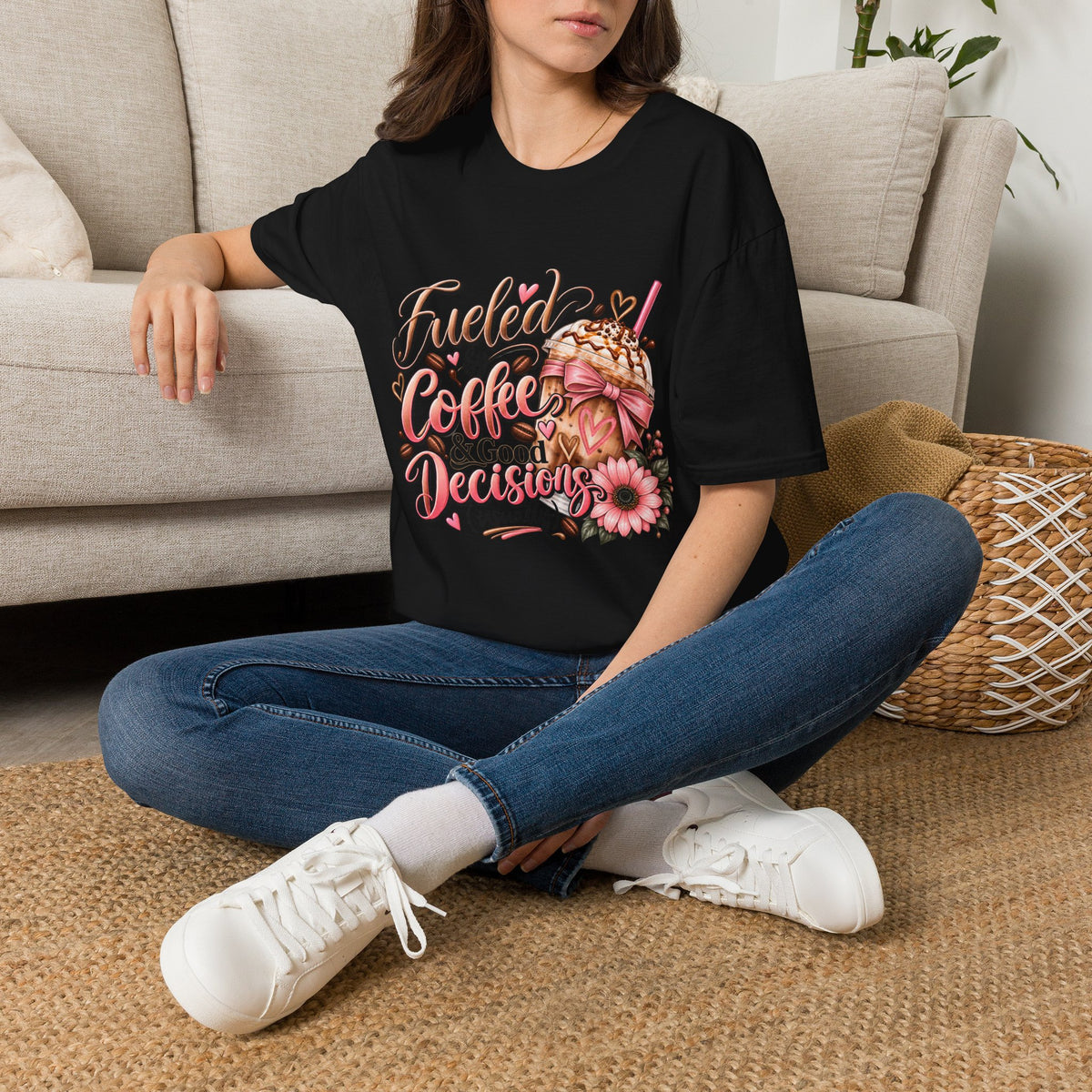 T-Shirt — Fueled by Coffee & Good Decisions (Pink Floral Coffee Design)