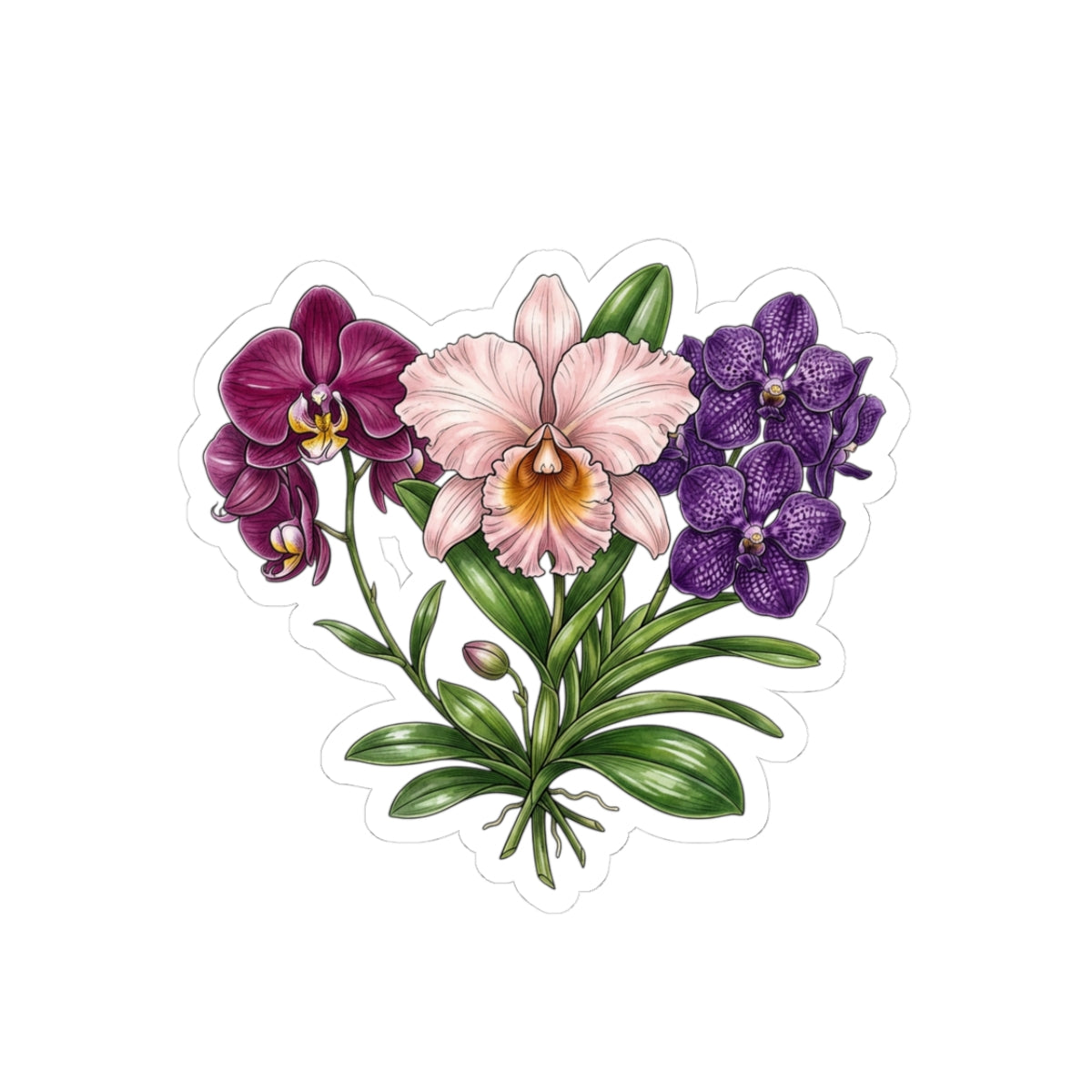 Orchid Bouquet Kiss-Cut Sticker — Purple & Pink Floral Laptop Decal