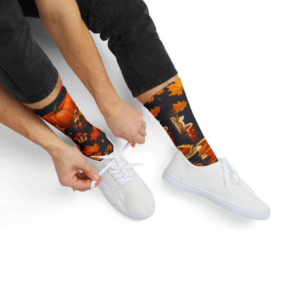 Autumn Harvest Sublimation Socks — Pumpkin Pie, Lanterns & Fall Leaves Pattern