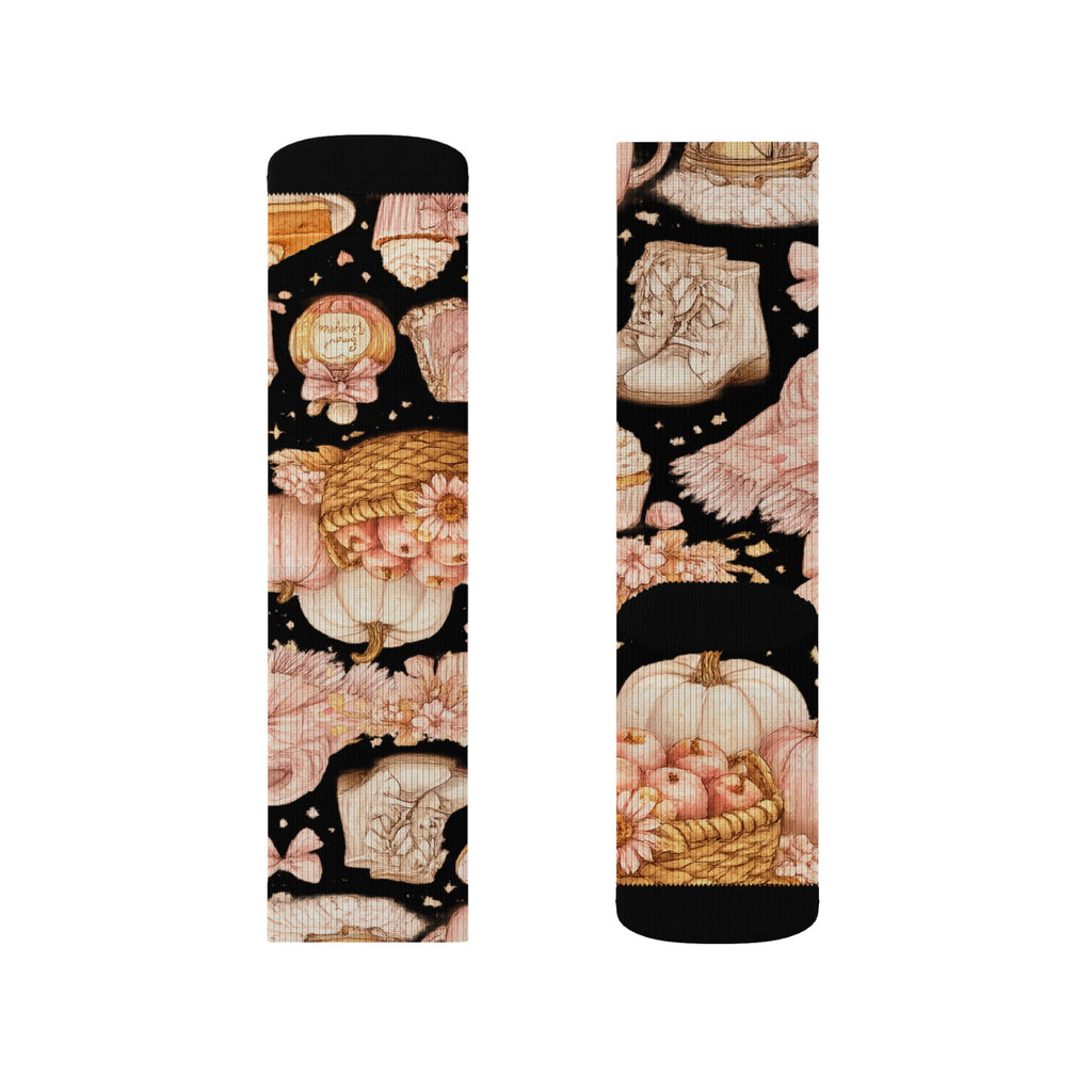 Floral Lantern Sublimation Socks — Black Rose Garden Crew Socks