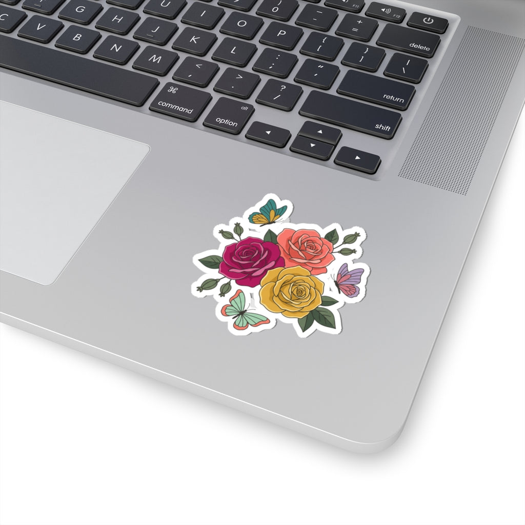 Floral Rose Bouquet Kiss-Cut Sticker — Colorful Roses & Butterflies Vinyl Decal