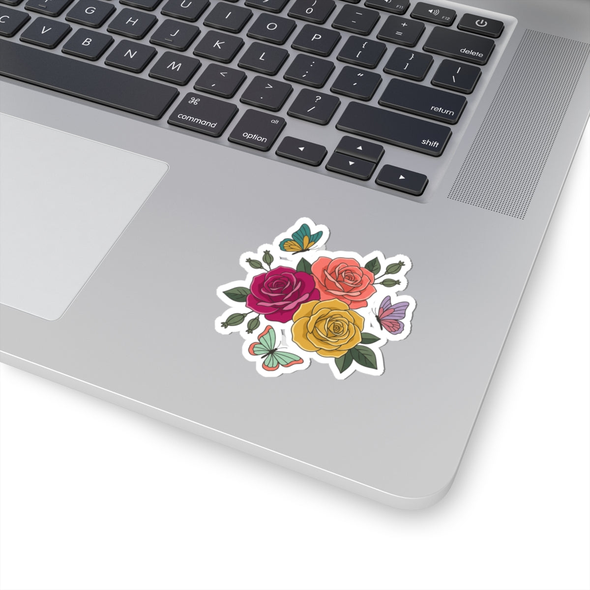 Floral Rose Bouquet Kiss-Cut Sticker — Colorful Roses & Butterflies Vinyl Decal