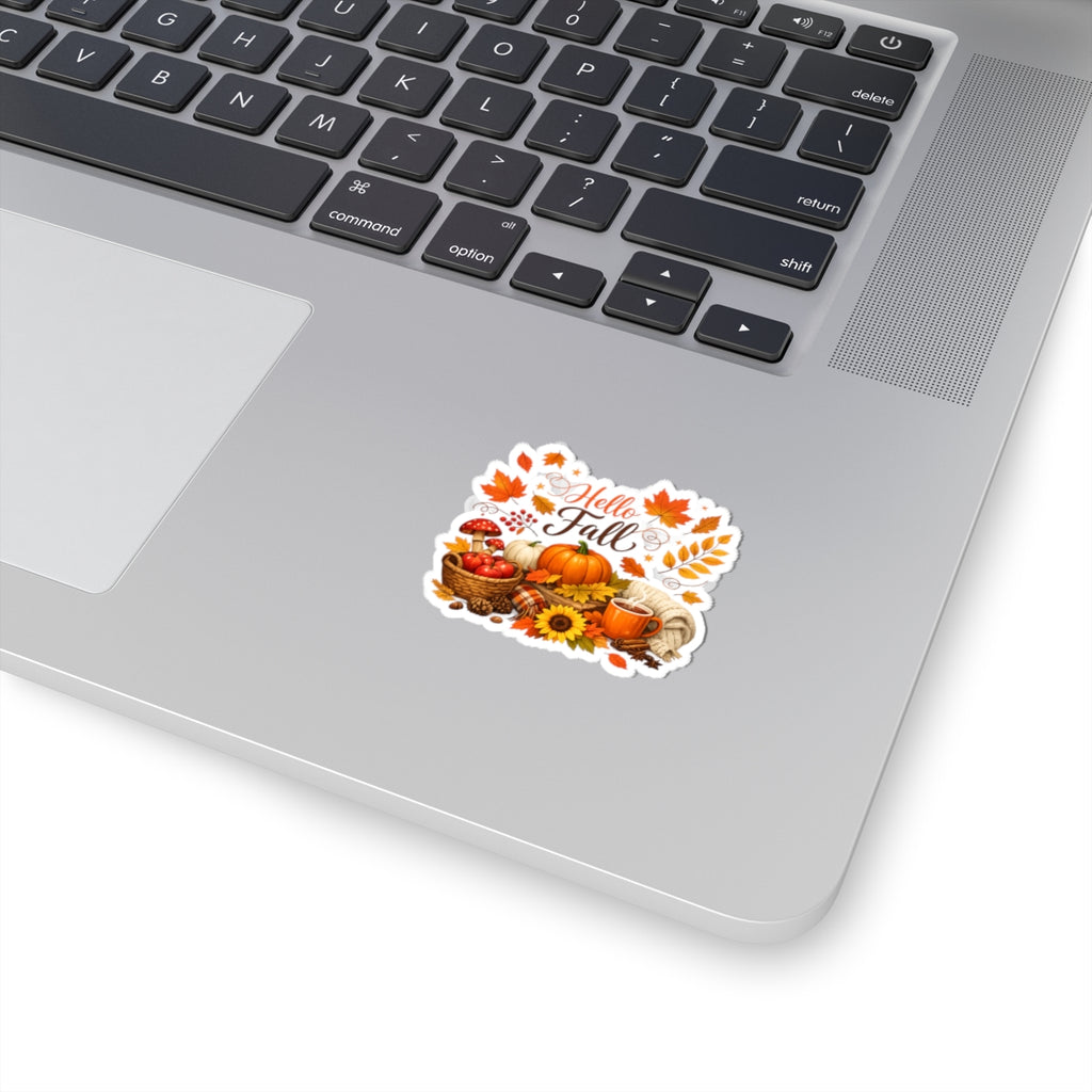 Hello Fall Sticker — Autumn Pumpkins, Leaves & Cozy Mug Kiss-Cut Sticker