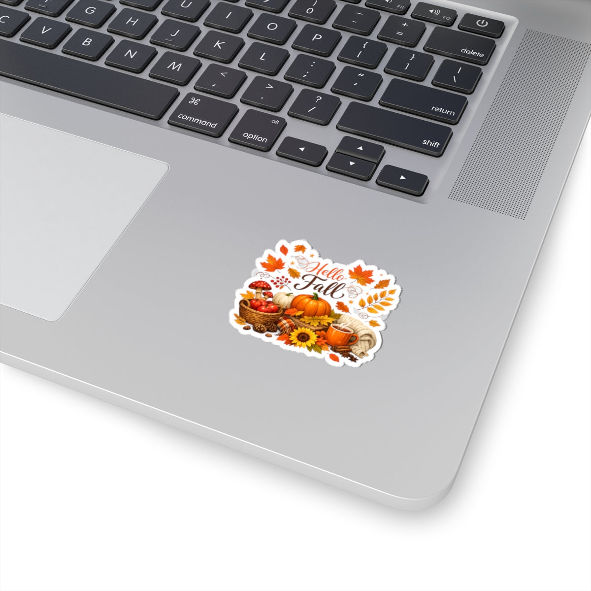 Hello Fall Sticker — Autumn Pumpkins, Leaves & Cozy Mug Kiss-Cut Sticker