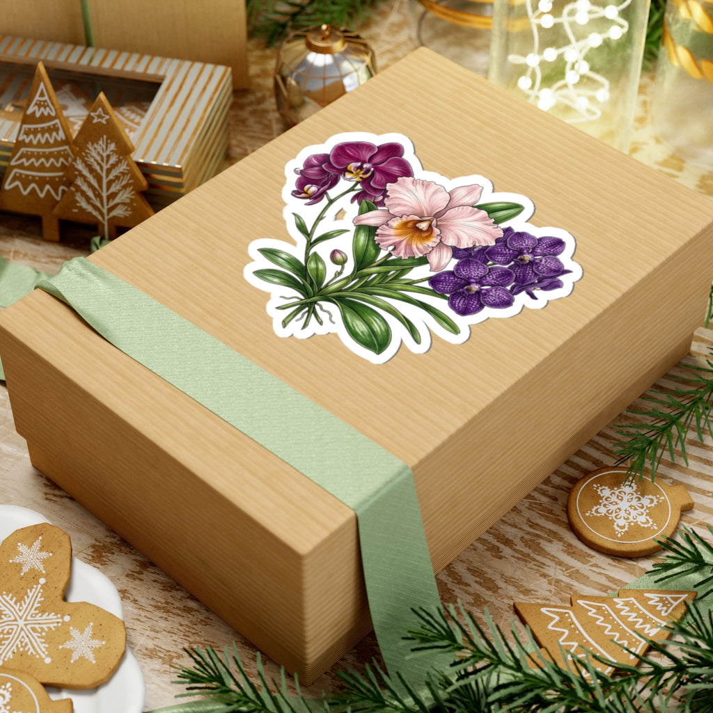 Orchid Bouquet Kiss-Cut Sticker — Purple & Pink Floral Laptop Decal