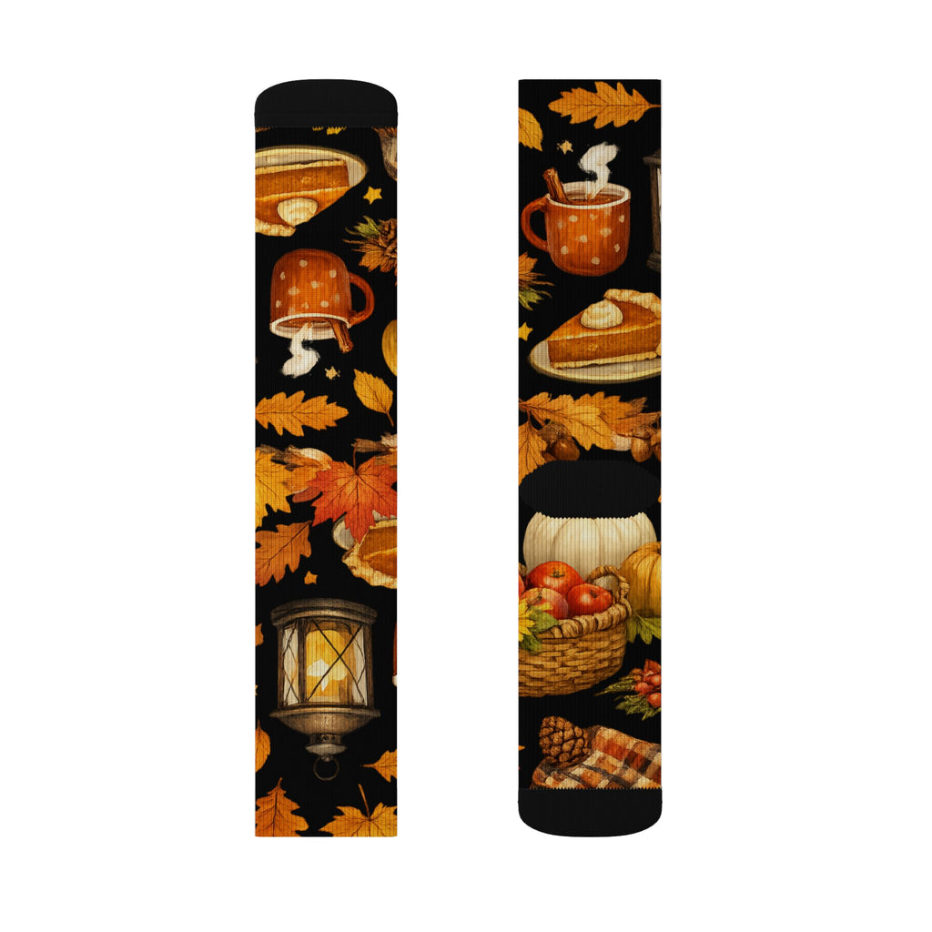 Autumn Harvest Sublimation Socks — Pumpkin Pie, Lanterns & Fall Leaves Pattern