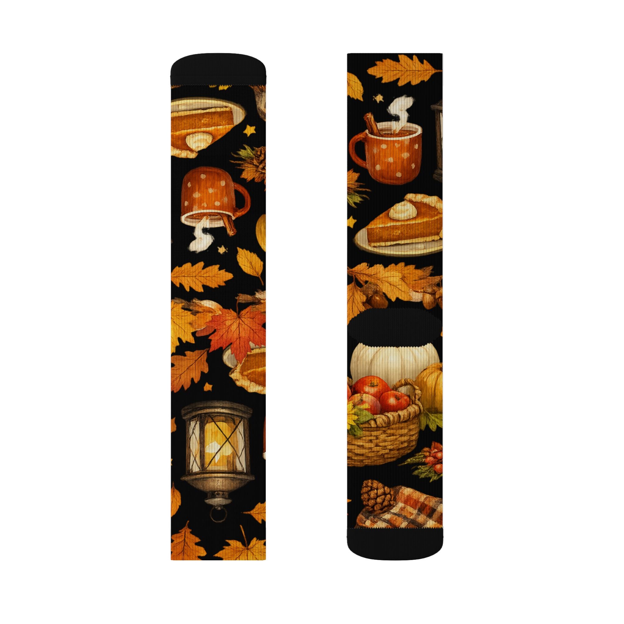 Autumn Harvest Sublimation Socks — Pumpkin Pie, Lanterns & Fall Leaves Pattern