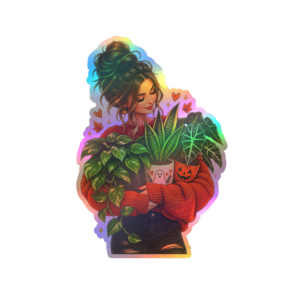 Plant Mom Kiss-Cut Vinyl Sticker — Cozy Girl Holding Houseplants (Fall/Autumn)