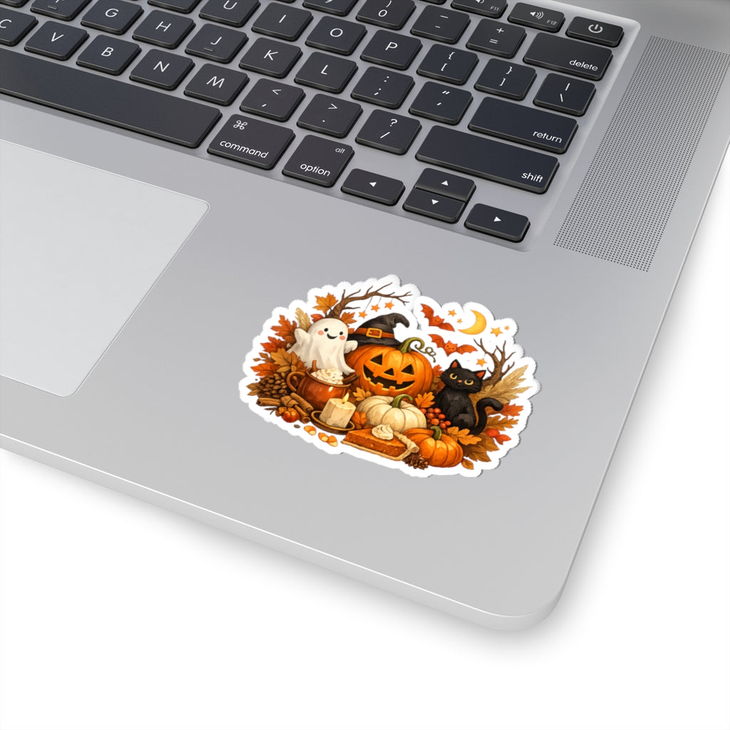 Halloween Pumpkin & Black Cat Kiss-Cut Sticker — Cute Ghost, Fall Leaves & Pumpkin Pie Decal