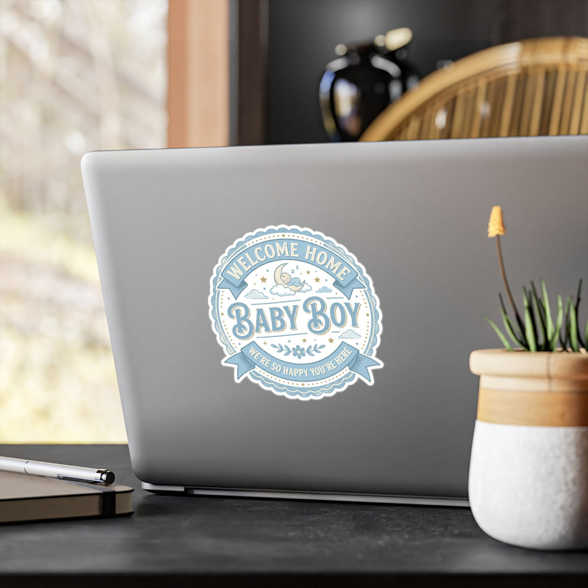 Baby Boy Welcome Home Vinyl Decal — Kiss-Cut Sticker (Newborn Nursery, Baby Shower Gift)