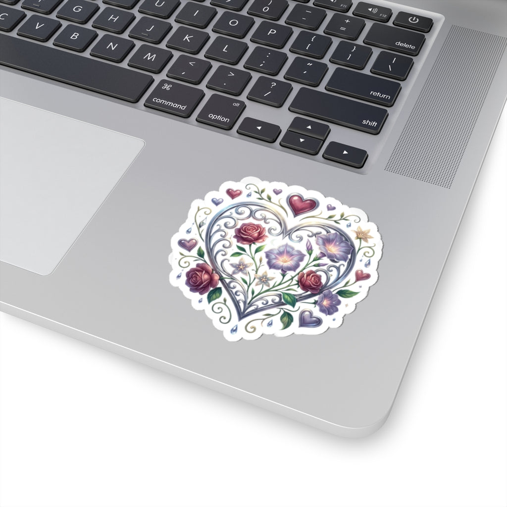 Floral Heart Kiss-Cut Sticker — Romantic Rose & Morning Glory Decorative Decal