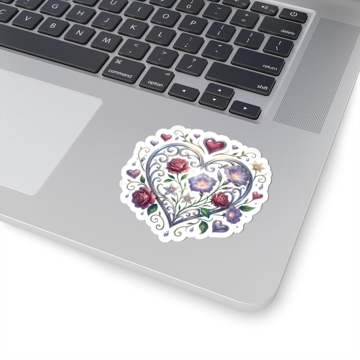 Floral Heart Kiss-Cut Sticker — Romantic Rose & Morning Glory Decorative Decal