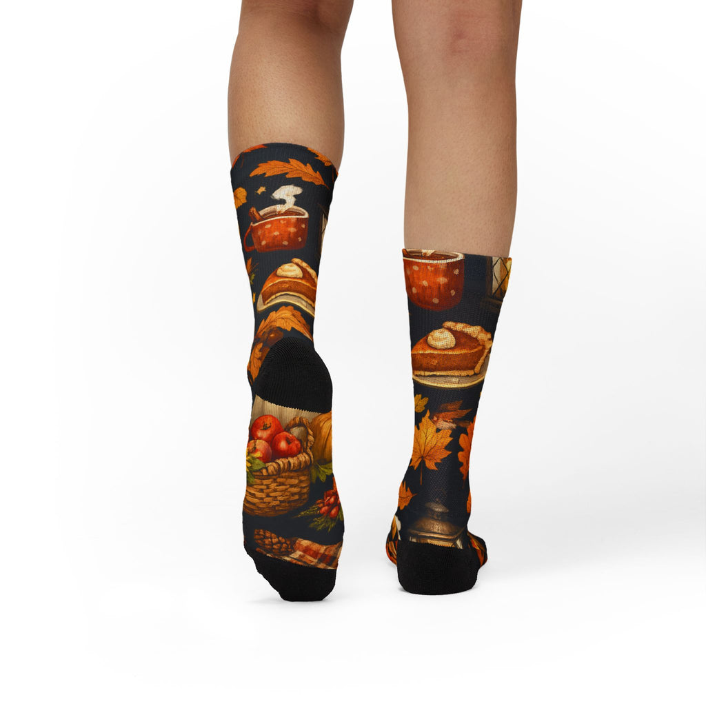 Autumn Harvest Sublimation Socks — Pumpkin Pie, Lanterns & Fall Leaves Pattern