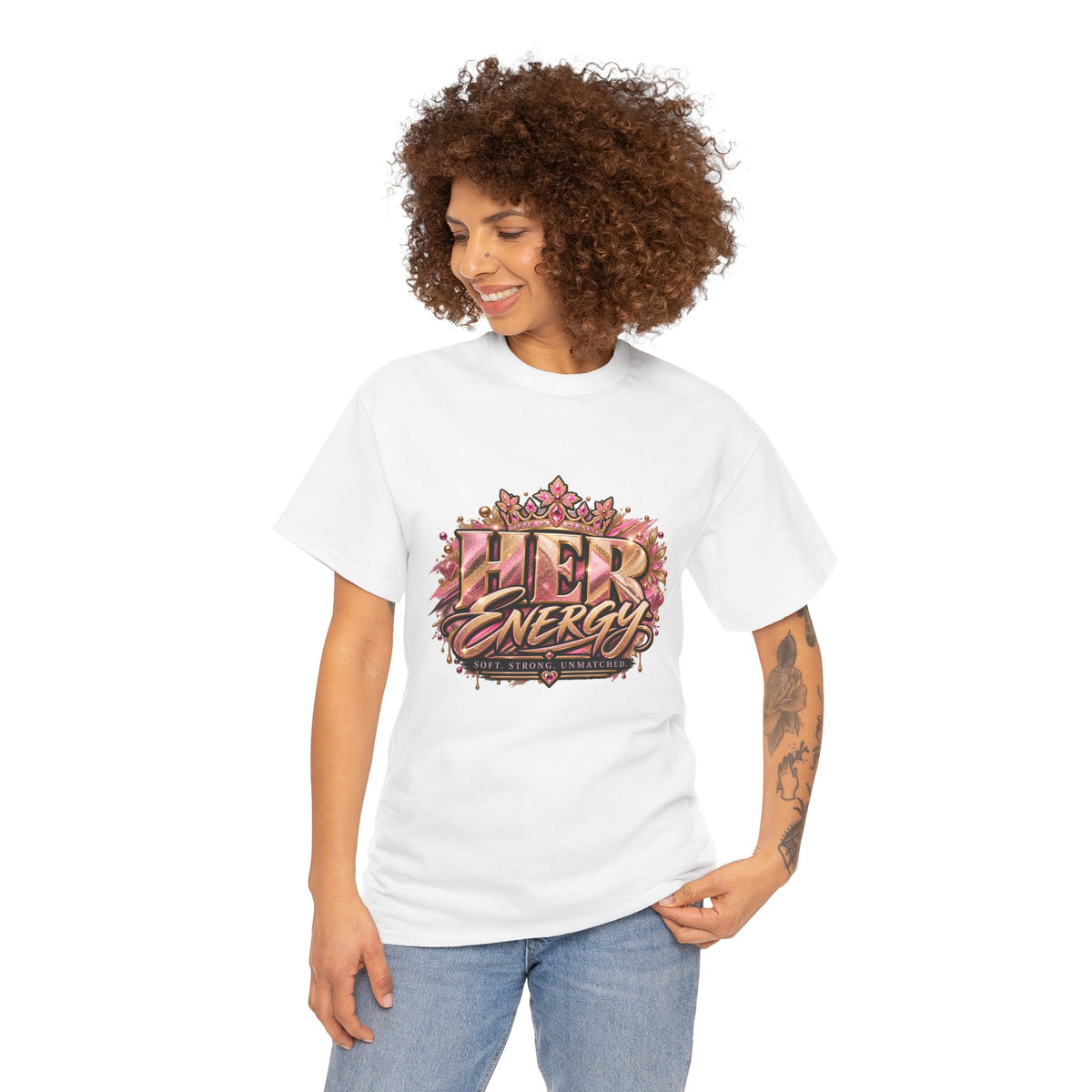 Her Energy Graphic Tee — Empowering Floral Typography Shirt