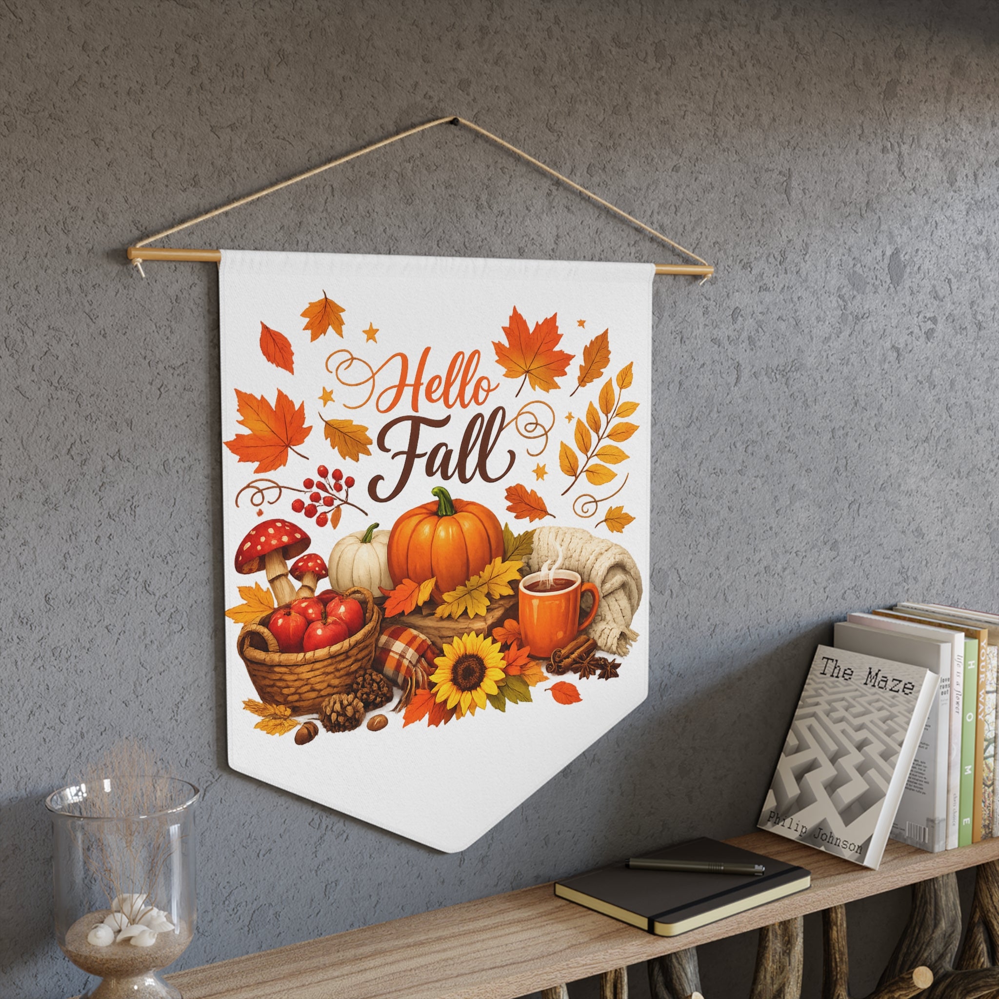 Hello Fall Pennant Banner – Autumn Pumpkin, Sunflower & Cozy Harvest Wall Flag