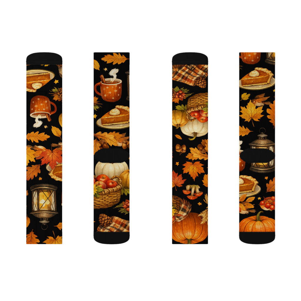 Autumn Harvest Sublimation Socks — Pumpkin Pie, Lanterns & Fall Leaves Pattern