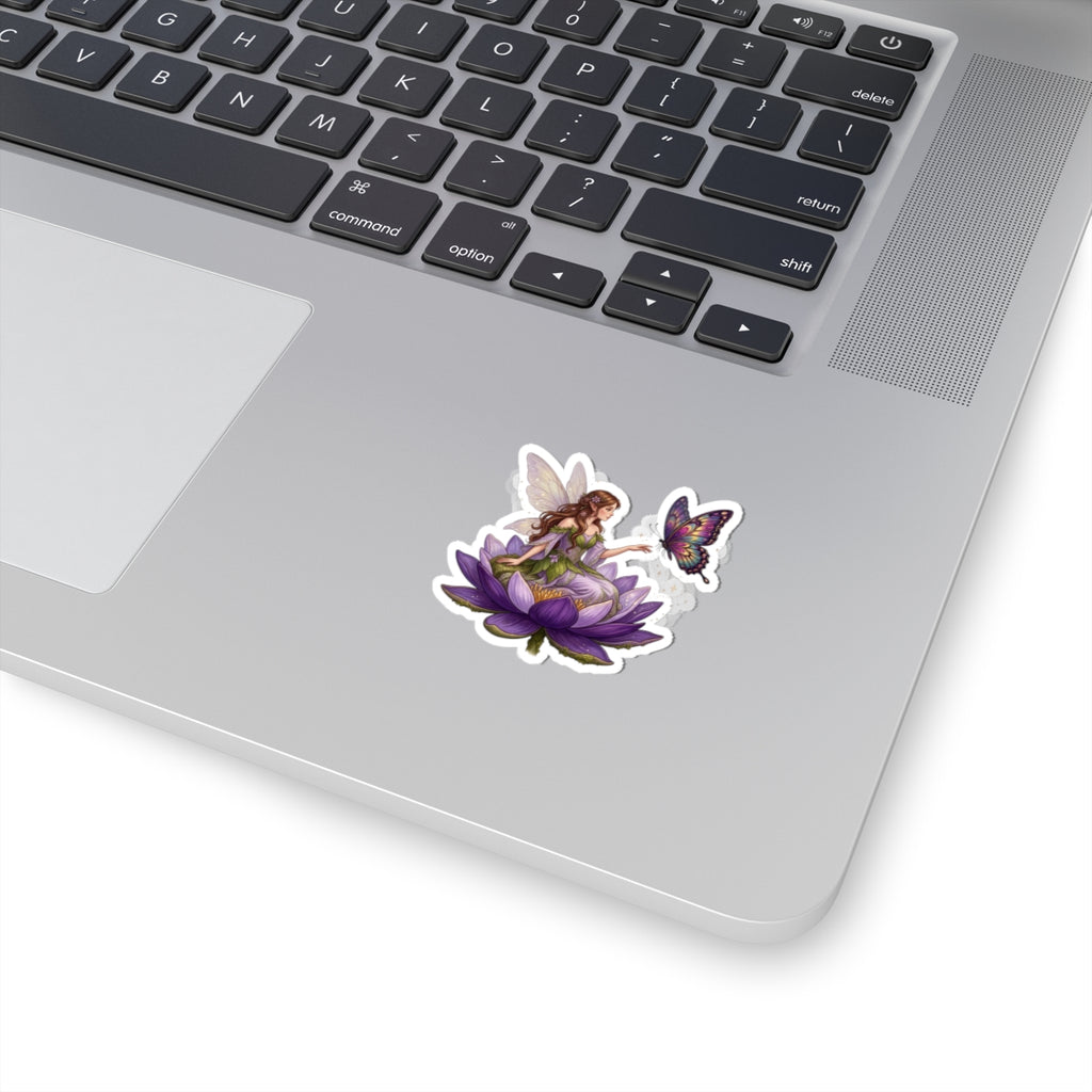 Fairy on Lotus Kiss-Cut Sticker — Purple Butterfly Floral Vinyl Decal