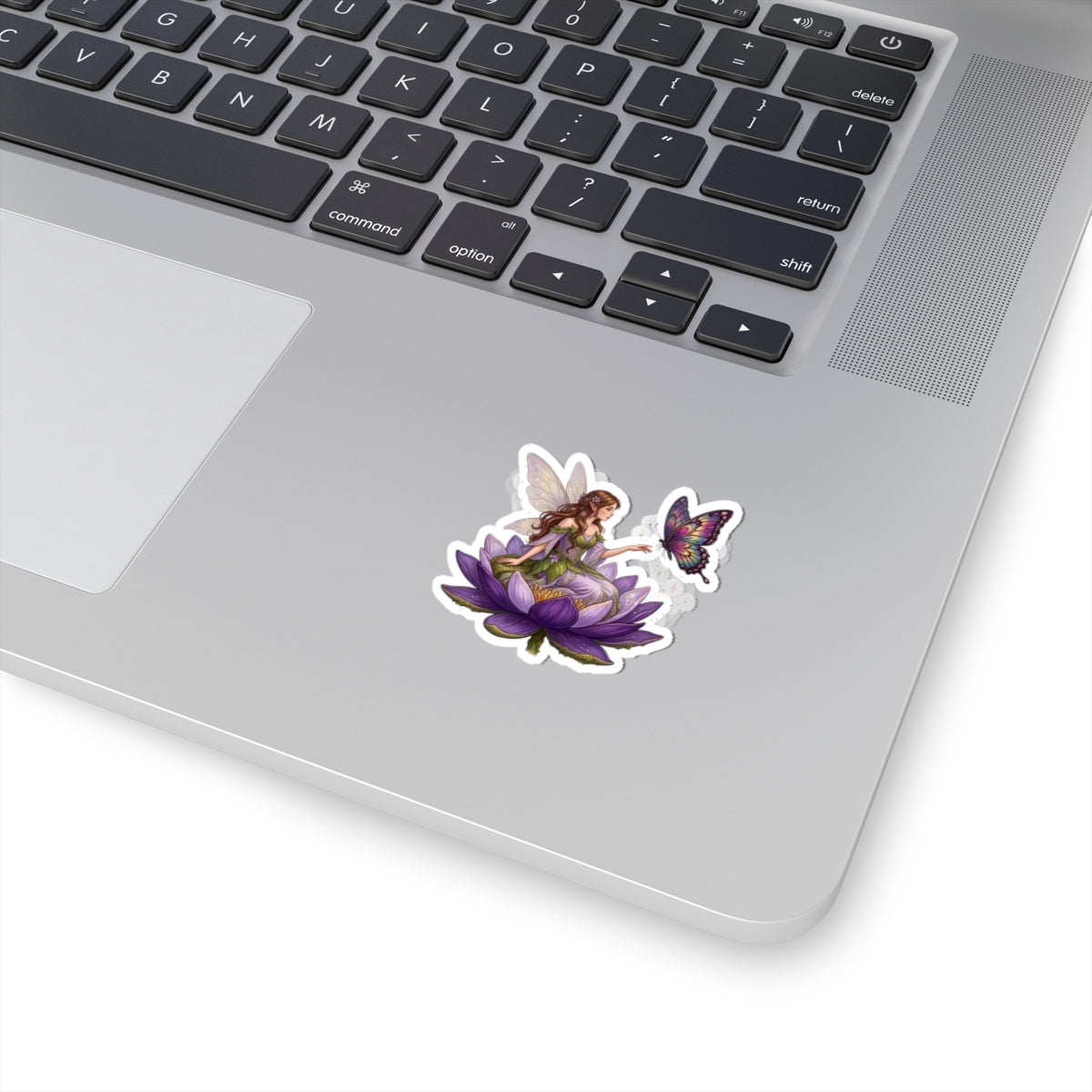 Fairy on Lotus Kiss-Cut Sticker — Purple Butterfly Floral Vinyl Decal
