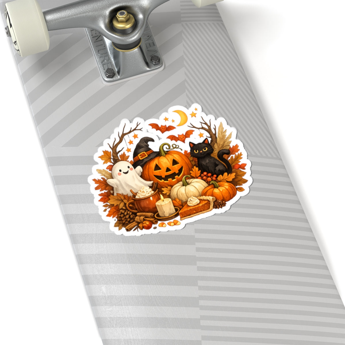 Halloween Pumpkin & Black Cat Kiss-Cut Sticker — Cute Ghost, Fall Leaves & Pumpkin Pie Decal