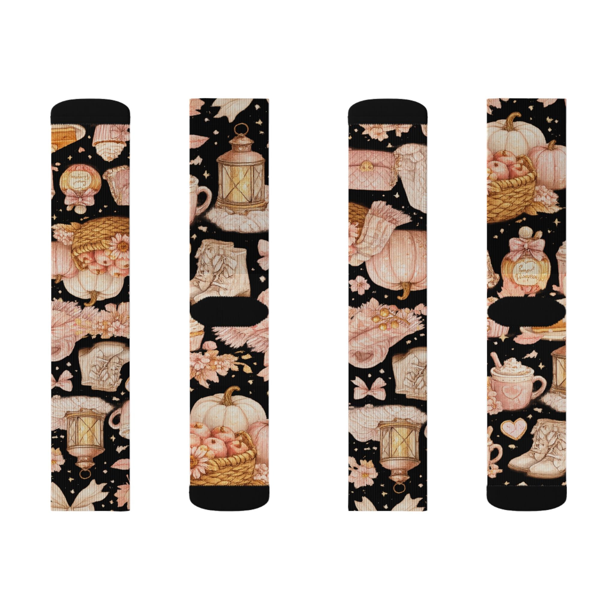 Floral Lantern Sublimation Socks — Black Rose Garden Crew Socks