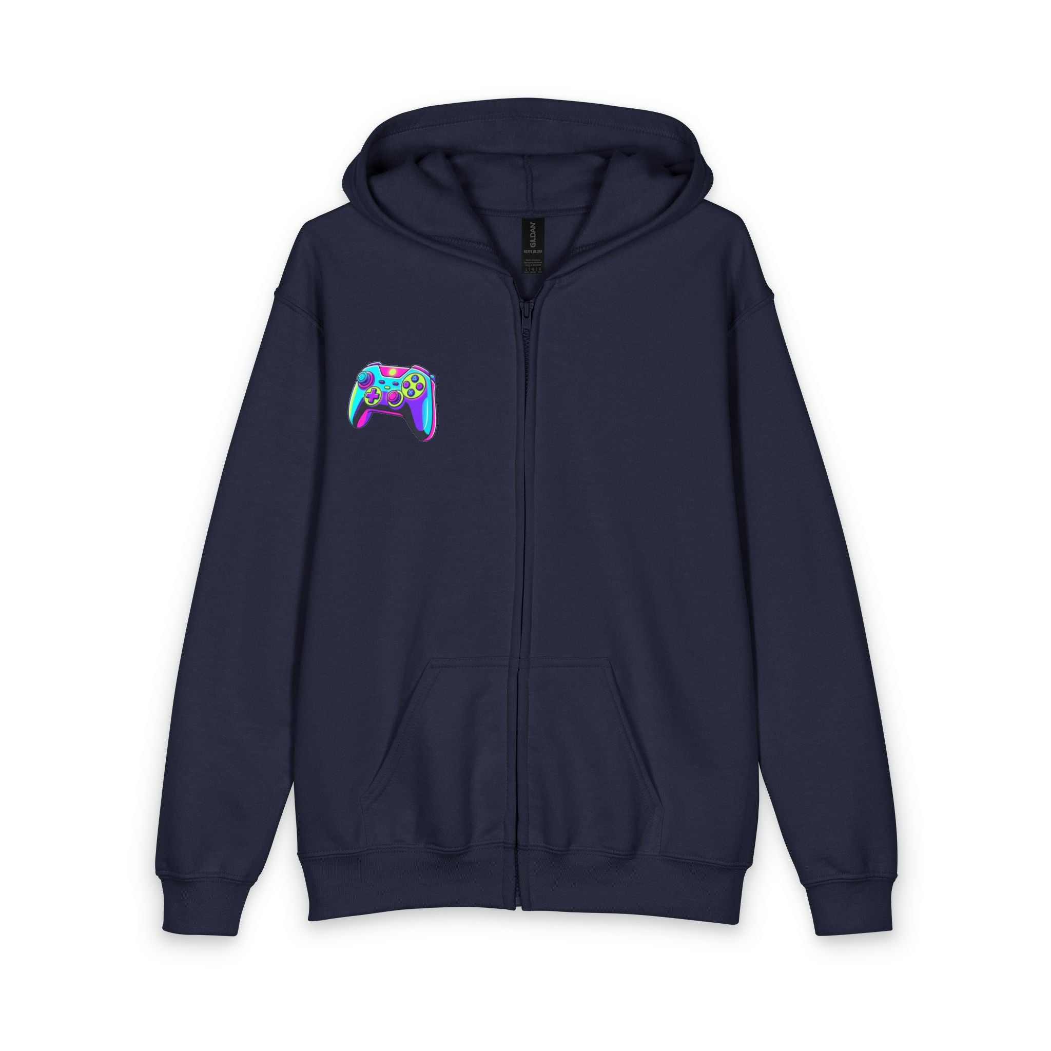 Youth Gamer Zip-Up Hoodie — Neon Retro Game Controller Design