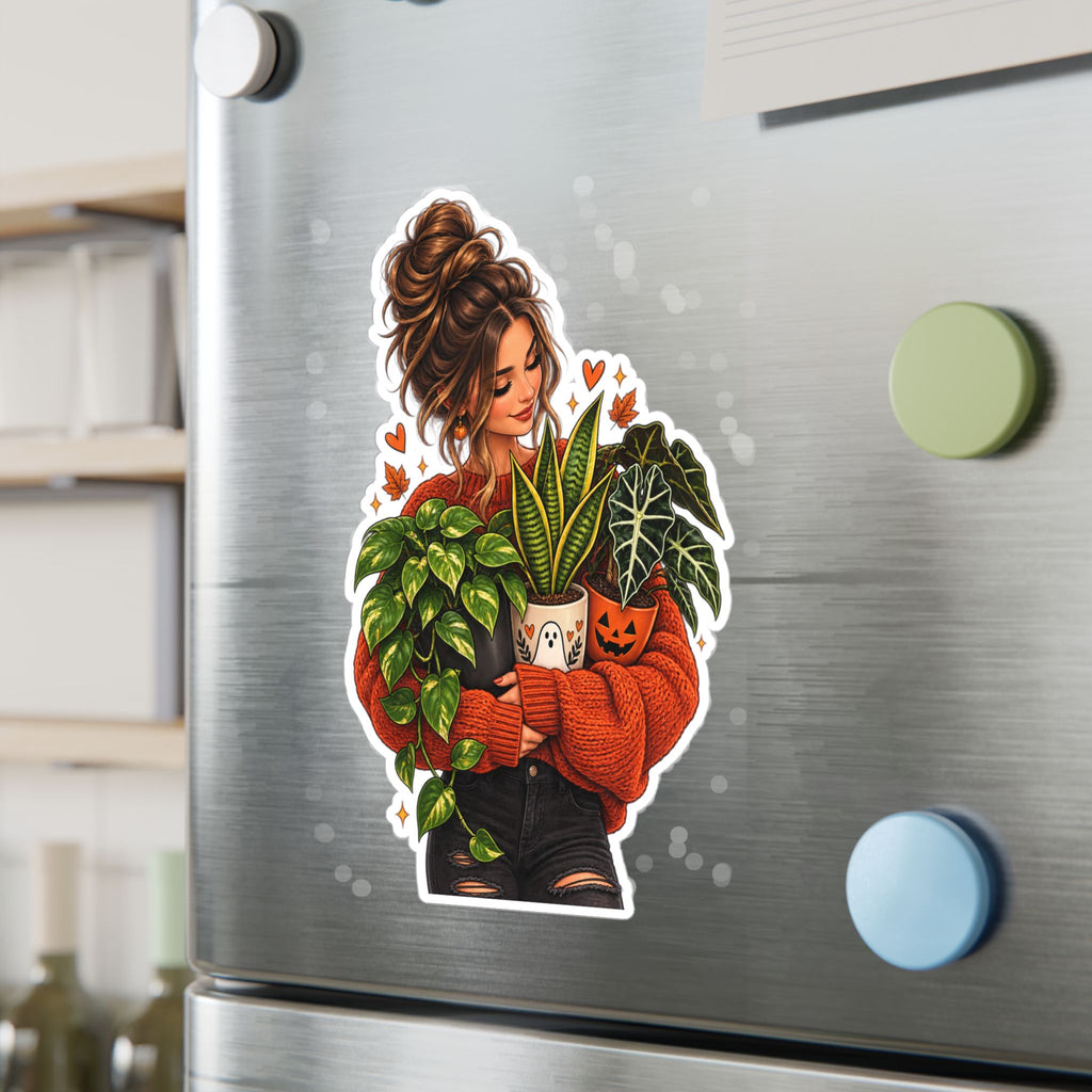 Plant Mom Kiss-Cut Vinyl Sticker — Cozy Girl Holding Houseplants (Fall/Autumn)