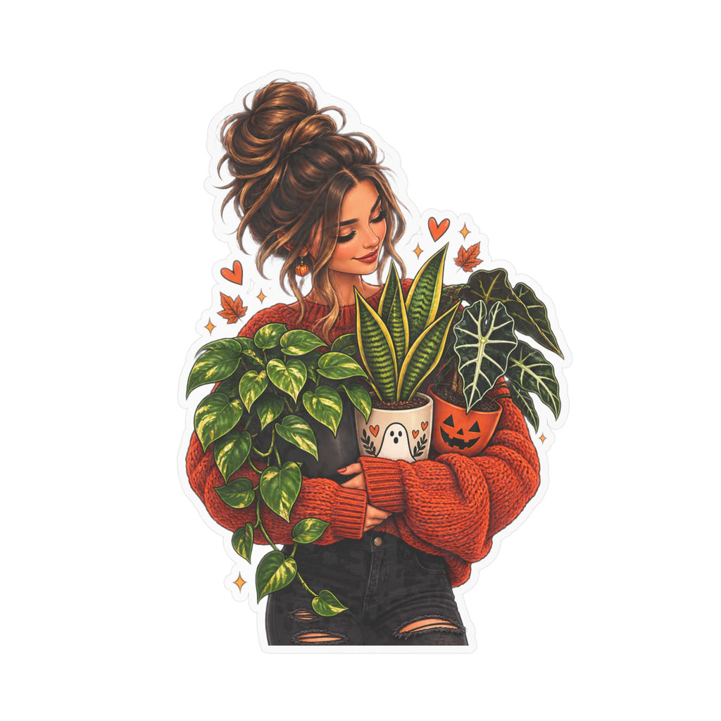 Plant Mom Kiss-Cut Vinyl Sticker — Cozy Girl Holding Houseplants (Fall/Autumn)
