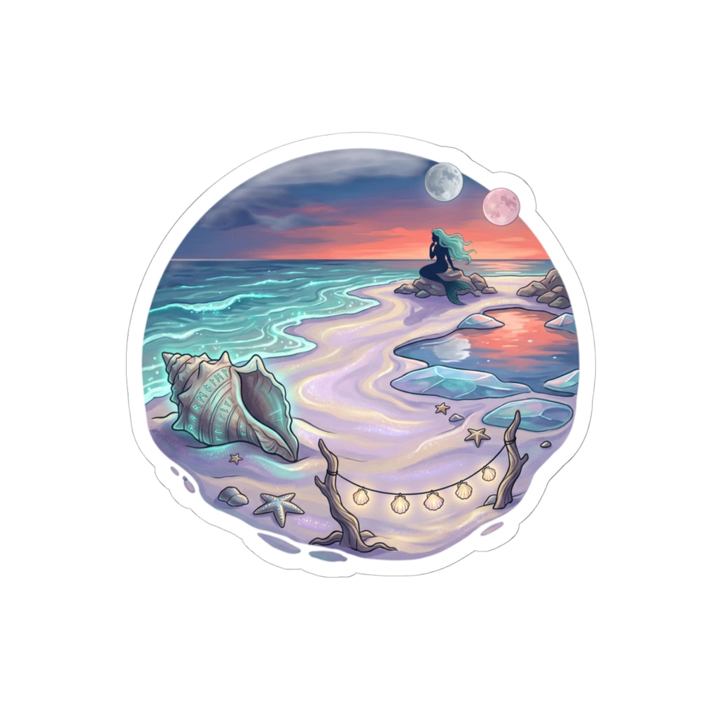 Seaside Mermaid Cove Sticker — Sunset Beach Kiss-Cut Vinyl