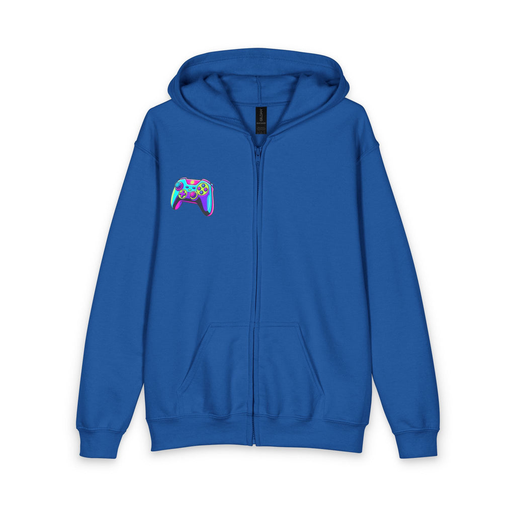 Youth Gamer Zip-Up Hoodie — Neon Retro Game Controller Design