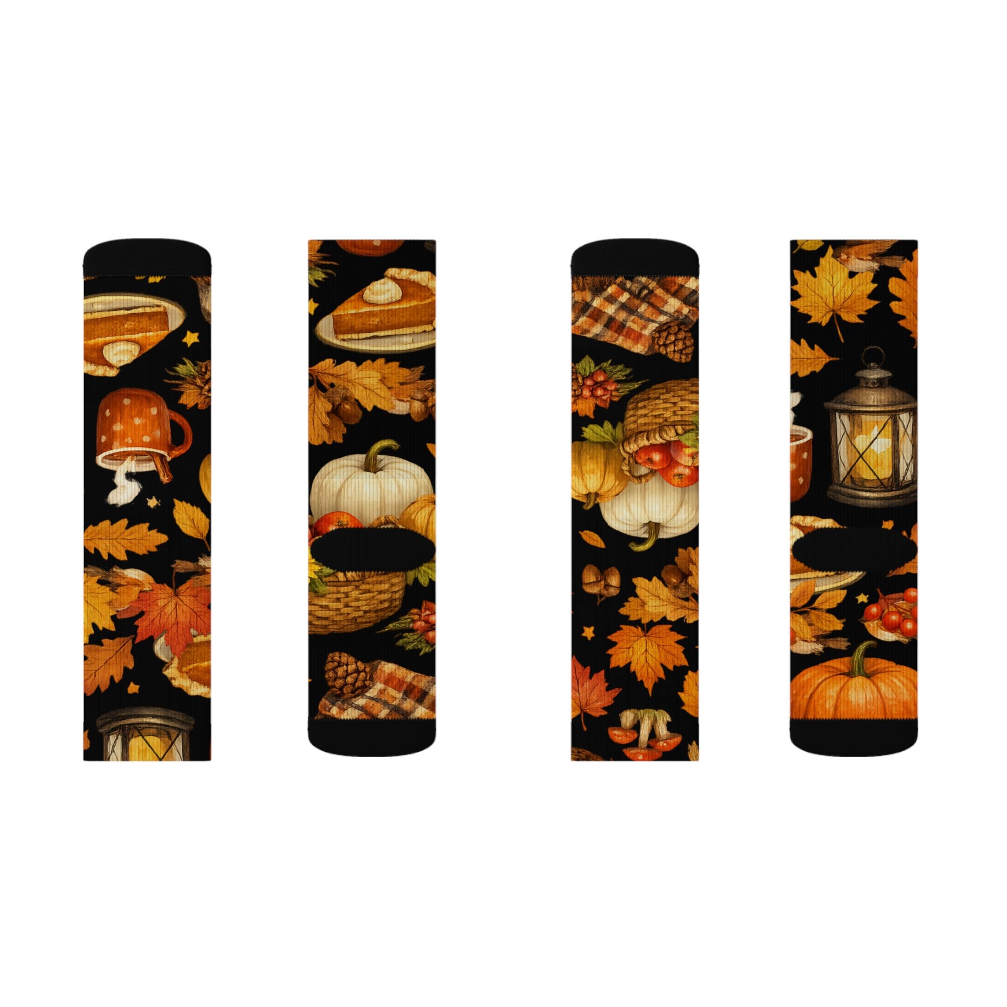 Autumn Harvest Sublimation Socks — Pumpkin Pie, Lanterns & Fall Leaves Pattern