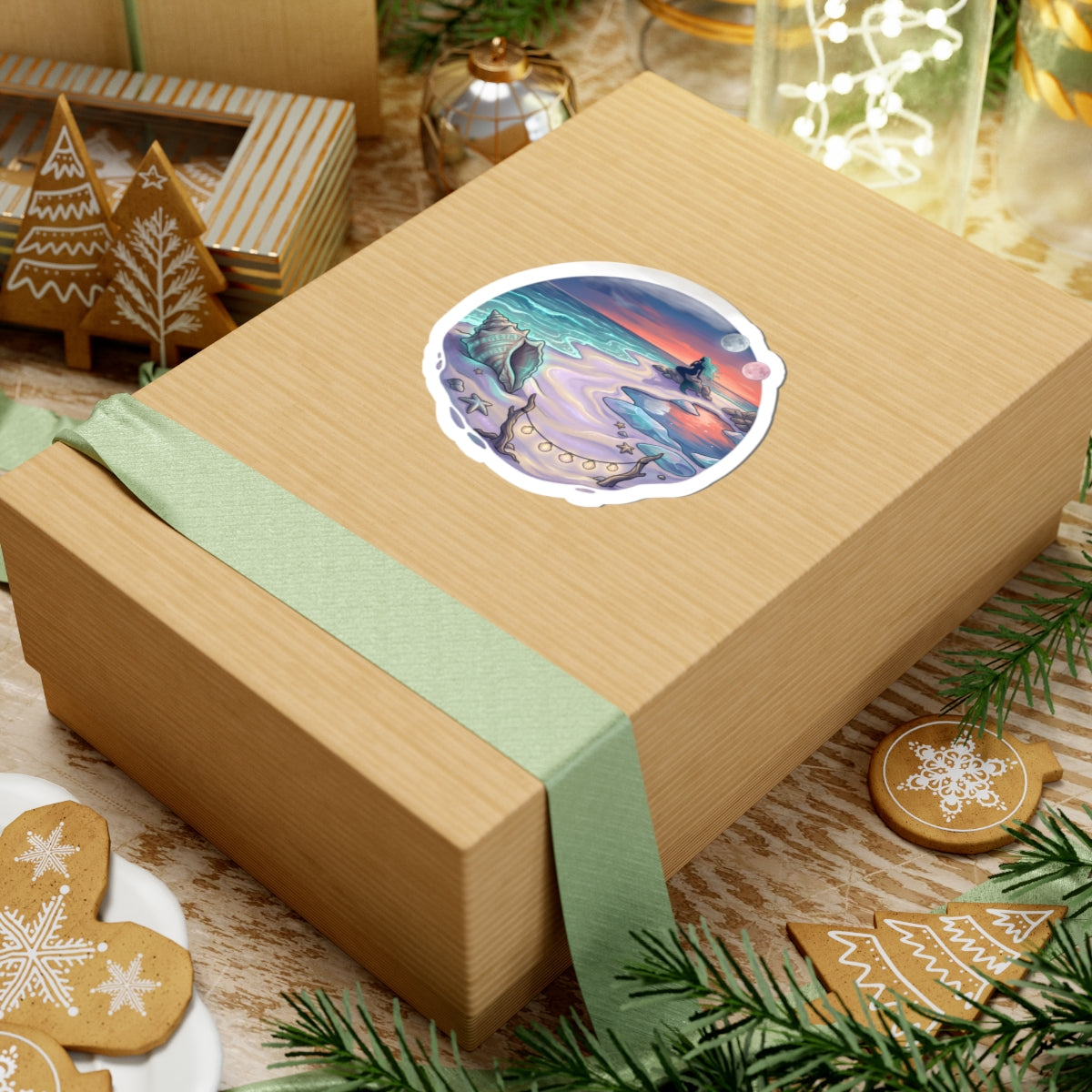 Seaside Mermaid Cove Sticker — Sunset Beach Kiss-Cut Vinyl