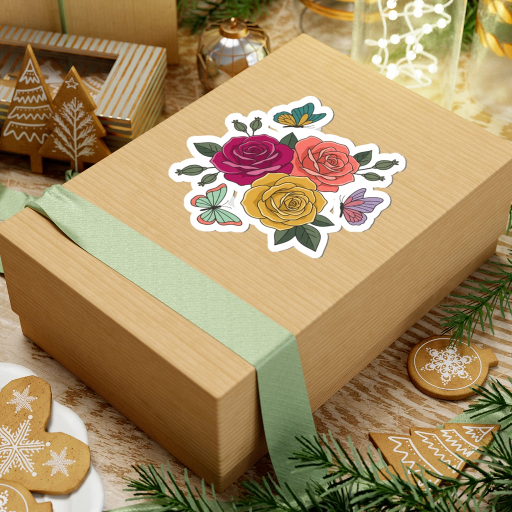 Floral Rose Bouquet Kiss-Cut Sticker — Colorful Roses & Butterflies Vinyl Decal