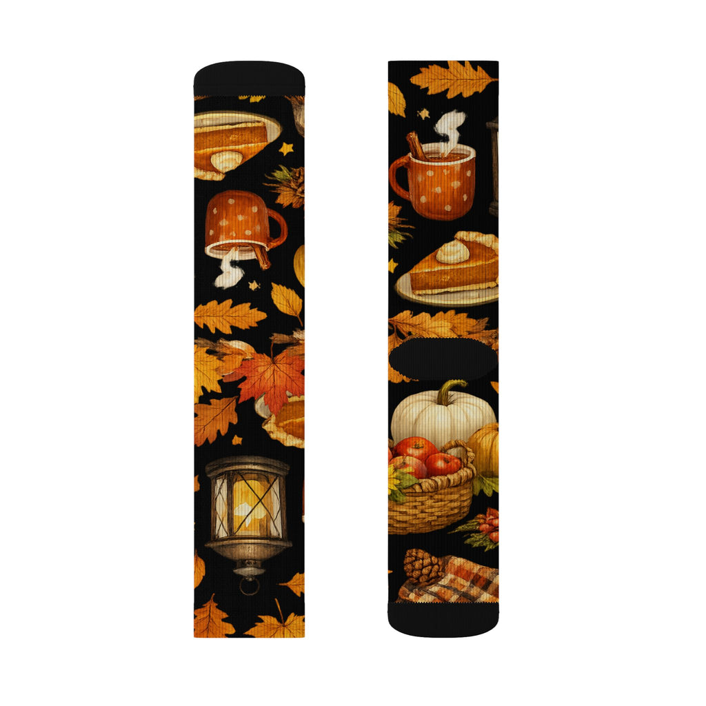 Autumn Harvest Sublimation Socks — Pumpkin Pie, Lanterns & Fall Leaves Pattern