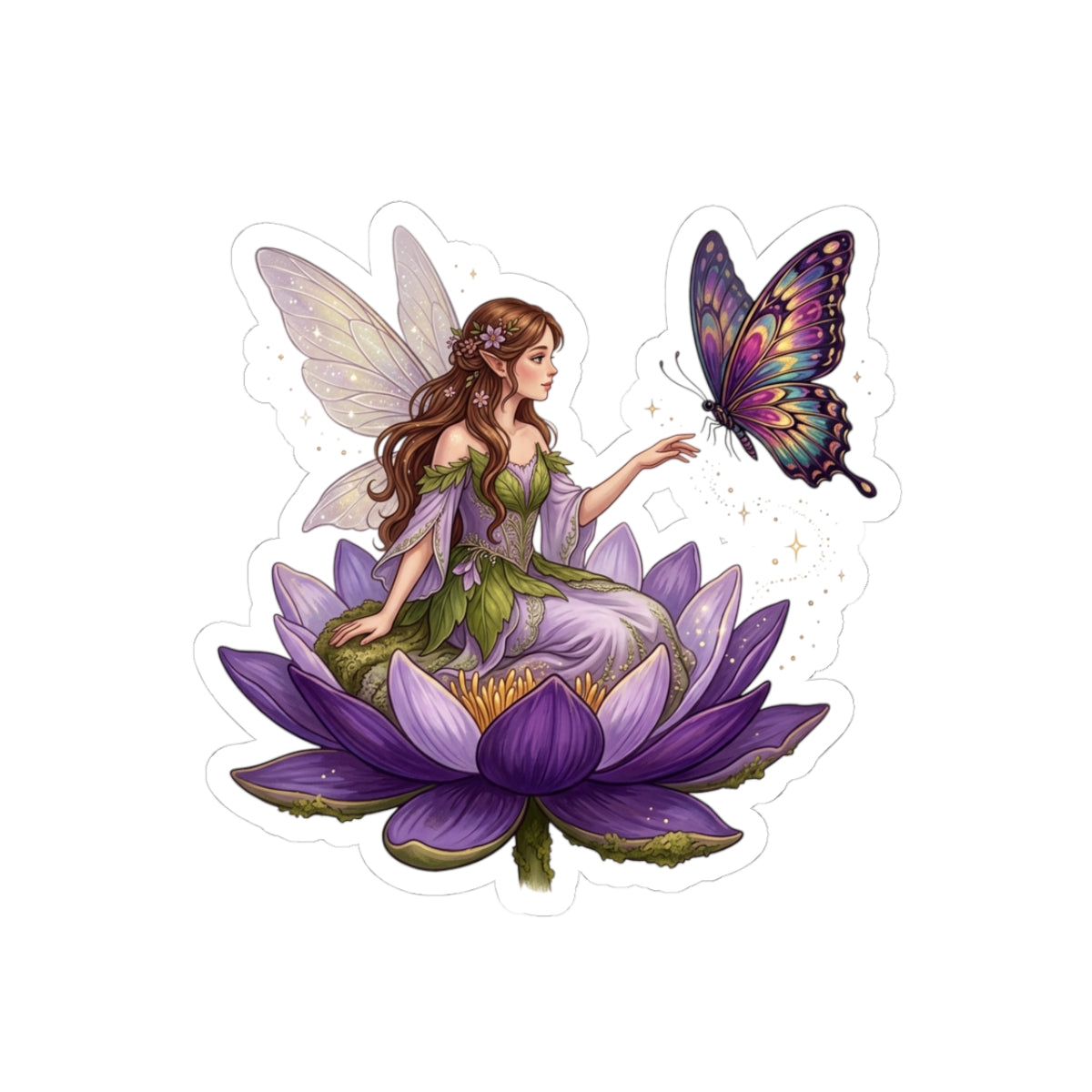 Fairy on Lotus Kiss-Cut Sticker — Purple Butterfly Floral Vinyl Decal