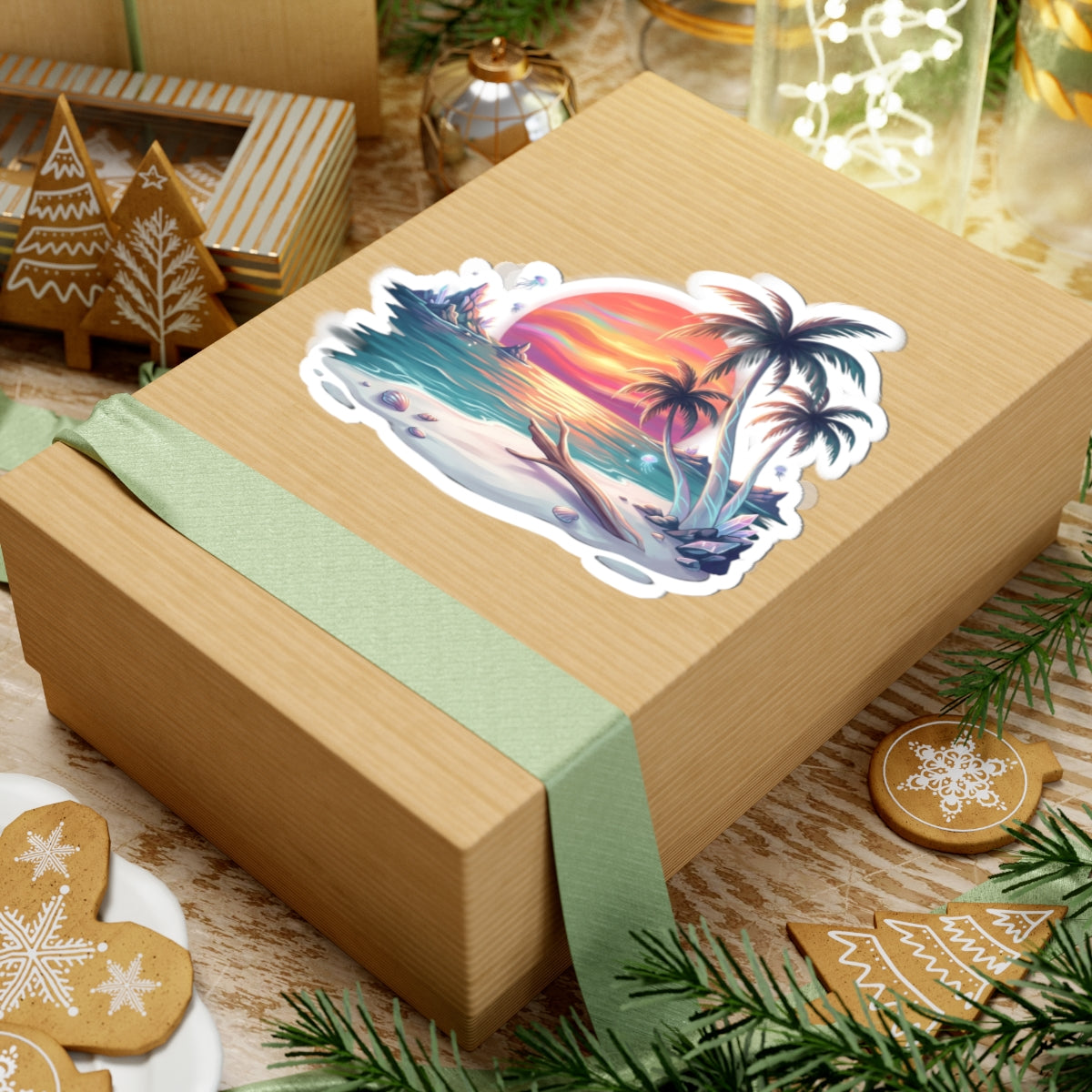 Beach Sunset Sticker — Tropical Palm Paradise Kiss-Cut Decal