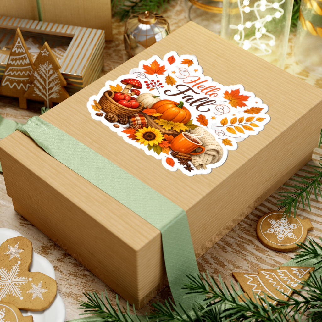 Hello Fall Sticker — Autumn Pumpkins, Leaves & Cozy Mug Kiss-Cut Sticker