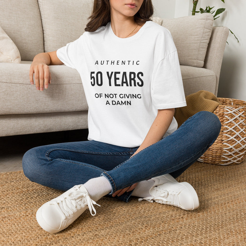 50th Birthday T-Shirt — "Authentic 50 Years of Not Giving a Damn" Funny Milestone Tee