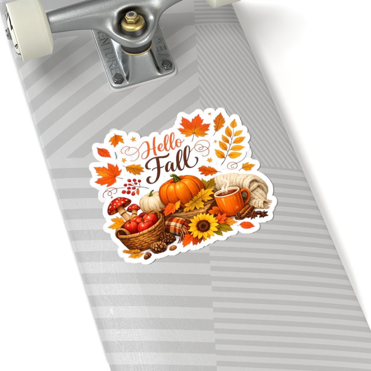 Hello Fall Sticker — Autumn Pumpkins, Leaves & Cozy Mug Kiss-Cut Sticker