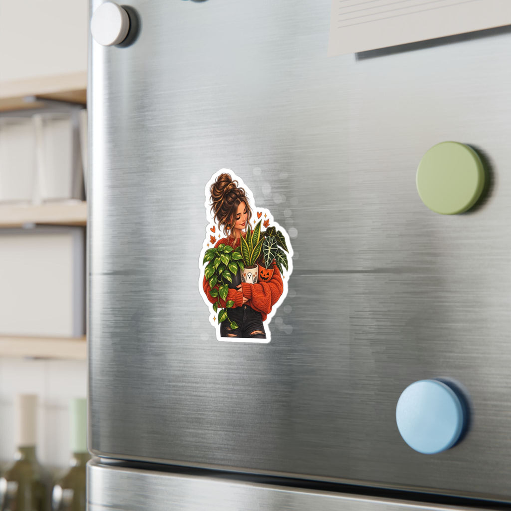 Plant Mom Kiss-Cut Vinyl Sticker — Cozy Girl Holding Houseplants (Fall/Autumn)