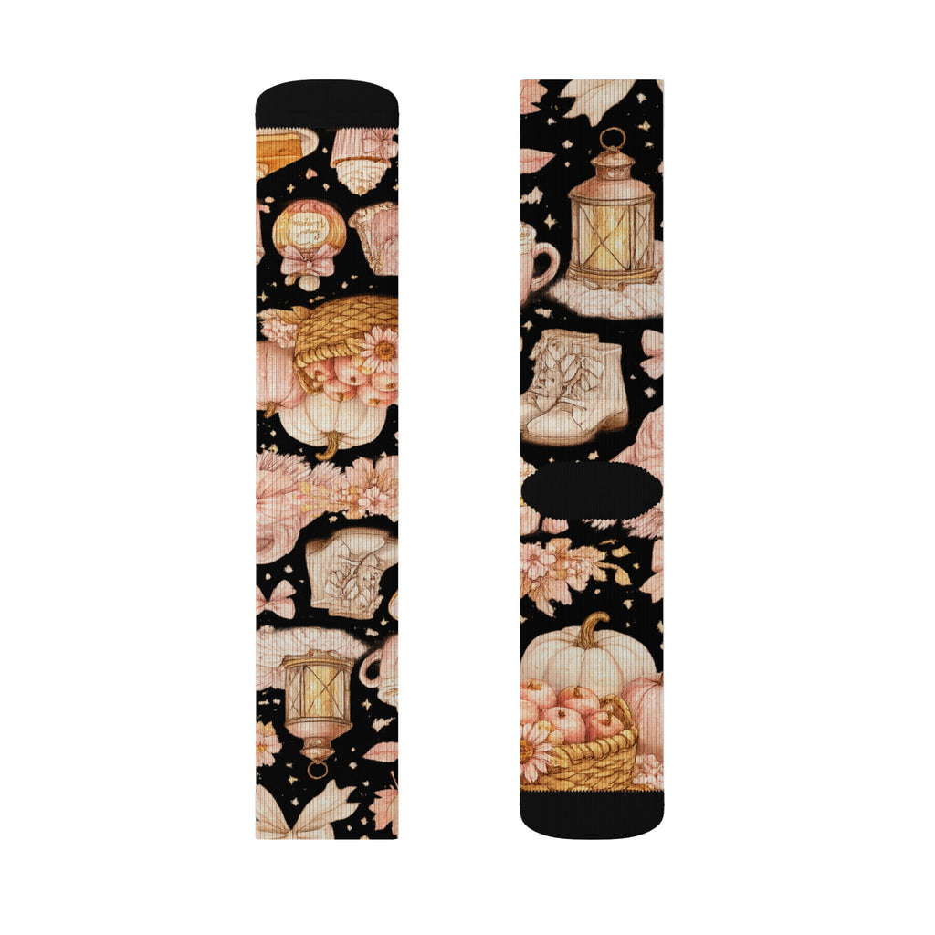 Floral Lantern Sublimation Socks — Black Rose Garden Crew Socks