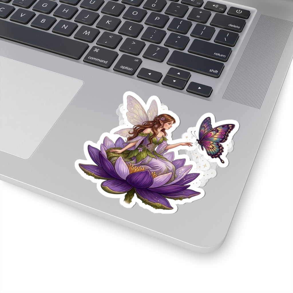 Fairy on Lotus Kiss-Cut Sticker — Purple Butterfly Floral Vinyl Decal